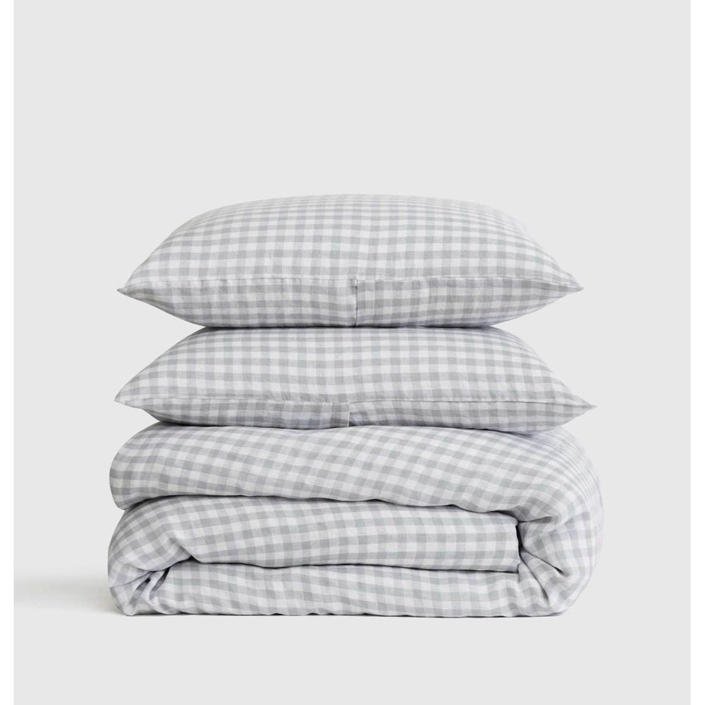 NWOT Quince European Linen Duvet Cover Set King Cal King Blue Fog Gingham NWOT